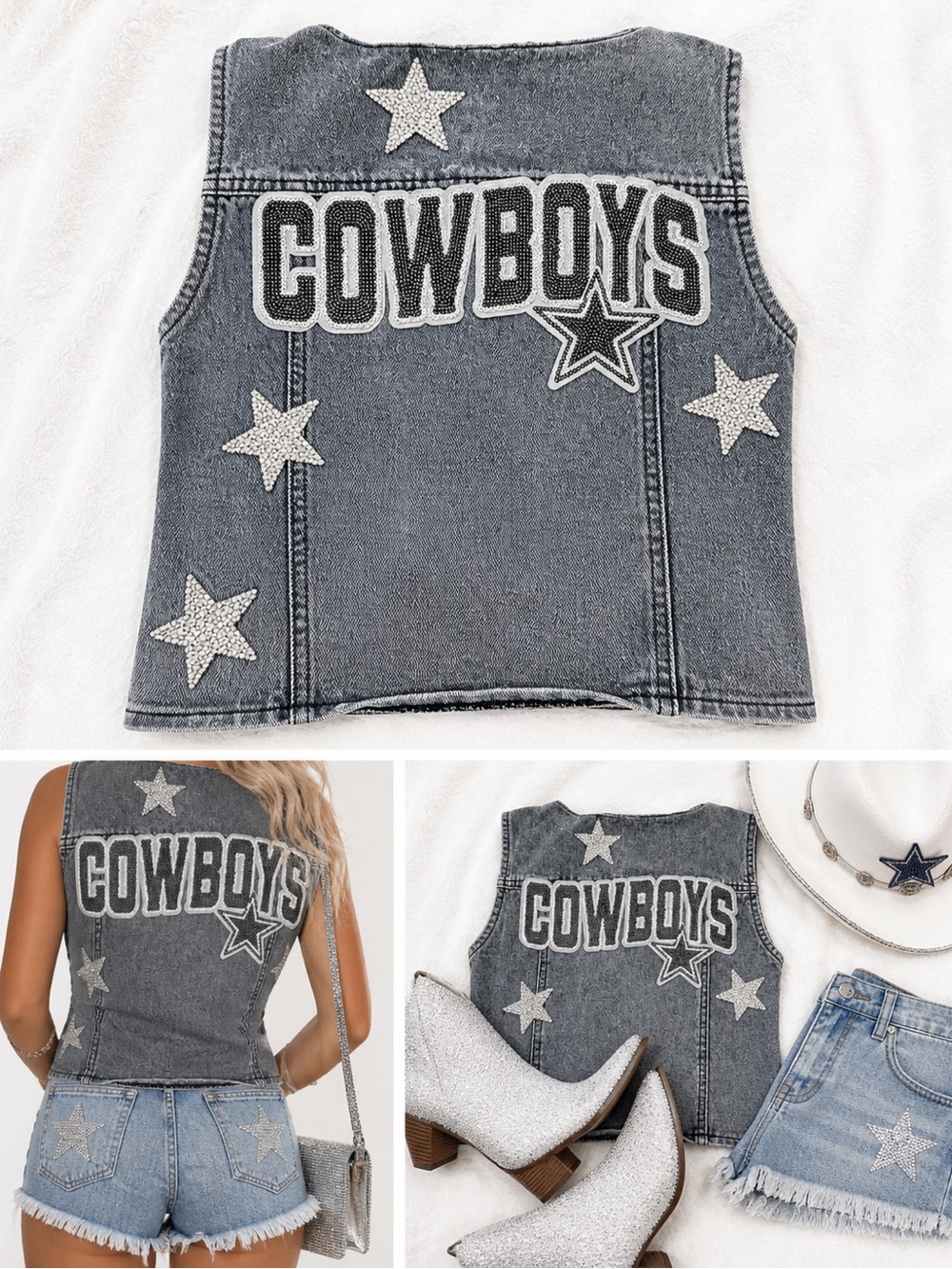 Sequin Cowboys Embellished Denim Vest in Washed Gray